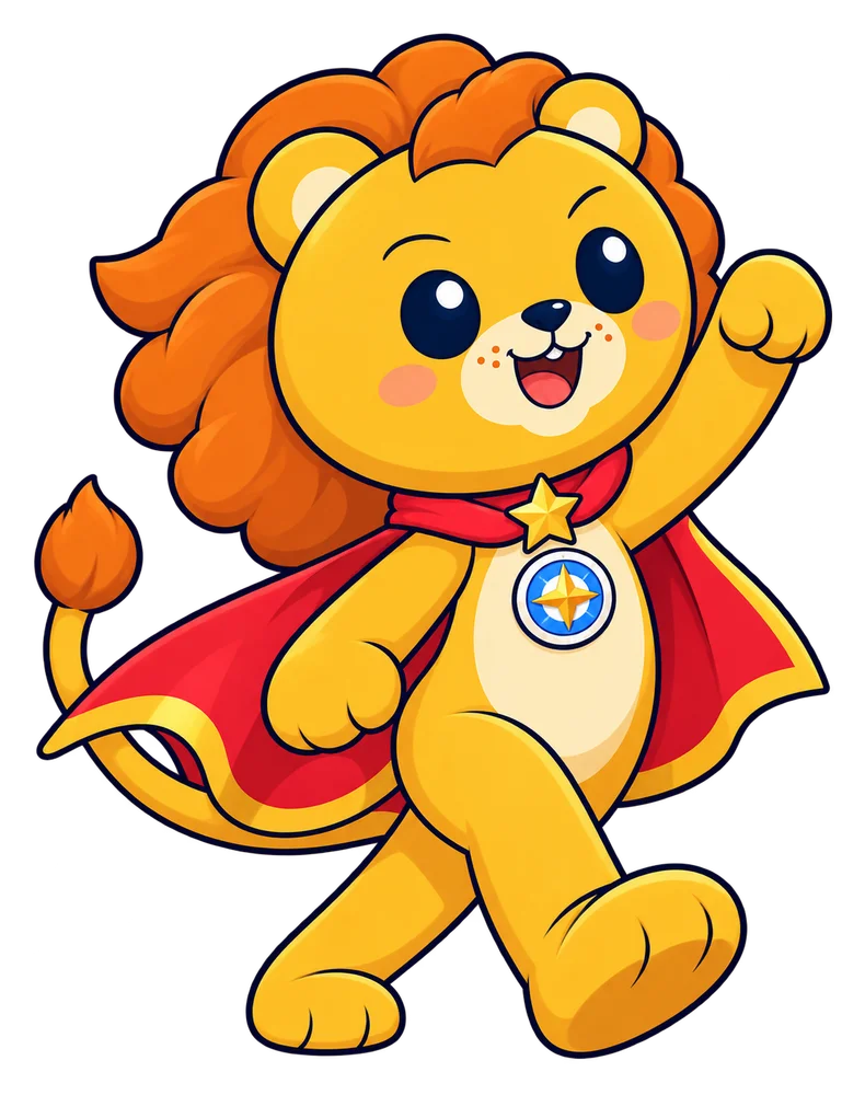 Nova, a golden lion cub in an explorer cape