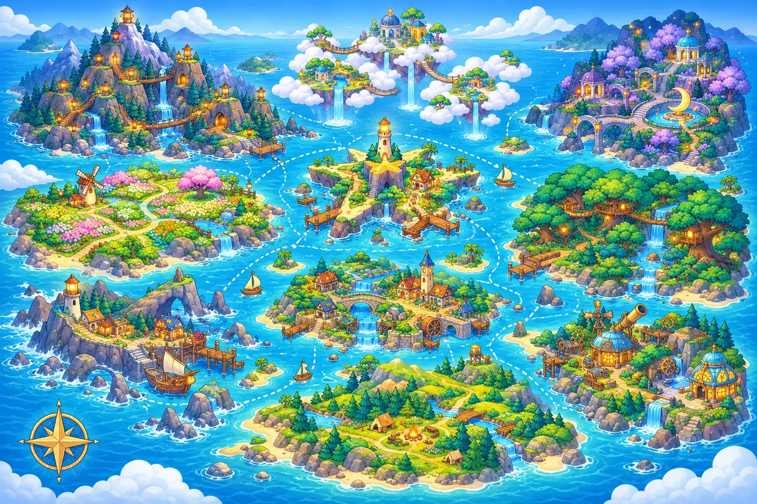 A painted map of the ten Kidzplora worlds around a calm sea: a star-shaped island with a lighthouse, a forest, a flower meadow, a rocky coast with a harbour, moonlit gardens, cloud islands, a river town, a valley of workshops, hills with campfires and lantern-lit peaks, joined by dotted travel lines.