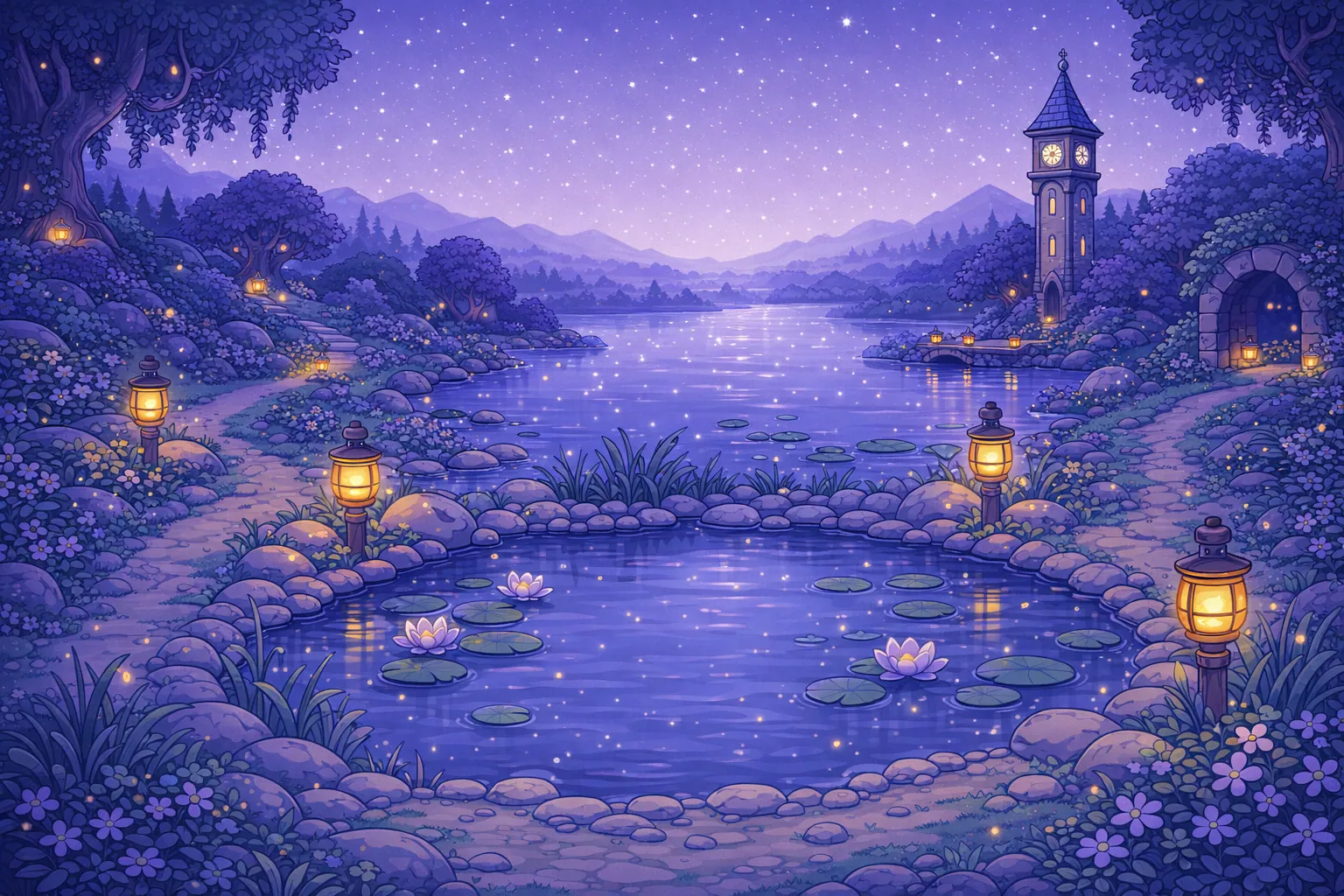 Moonlight Gardens, Feeling Pond: an illustrated view of the world of this adventure