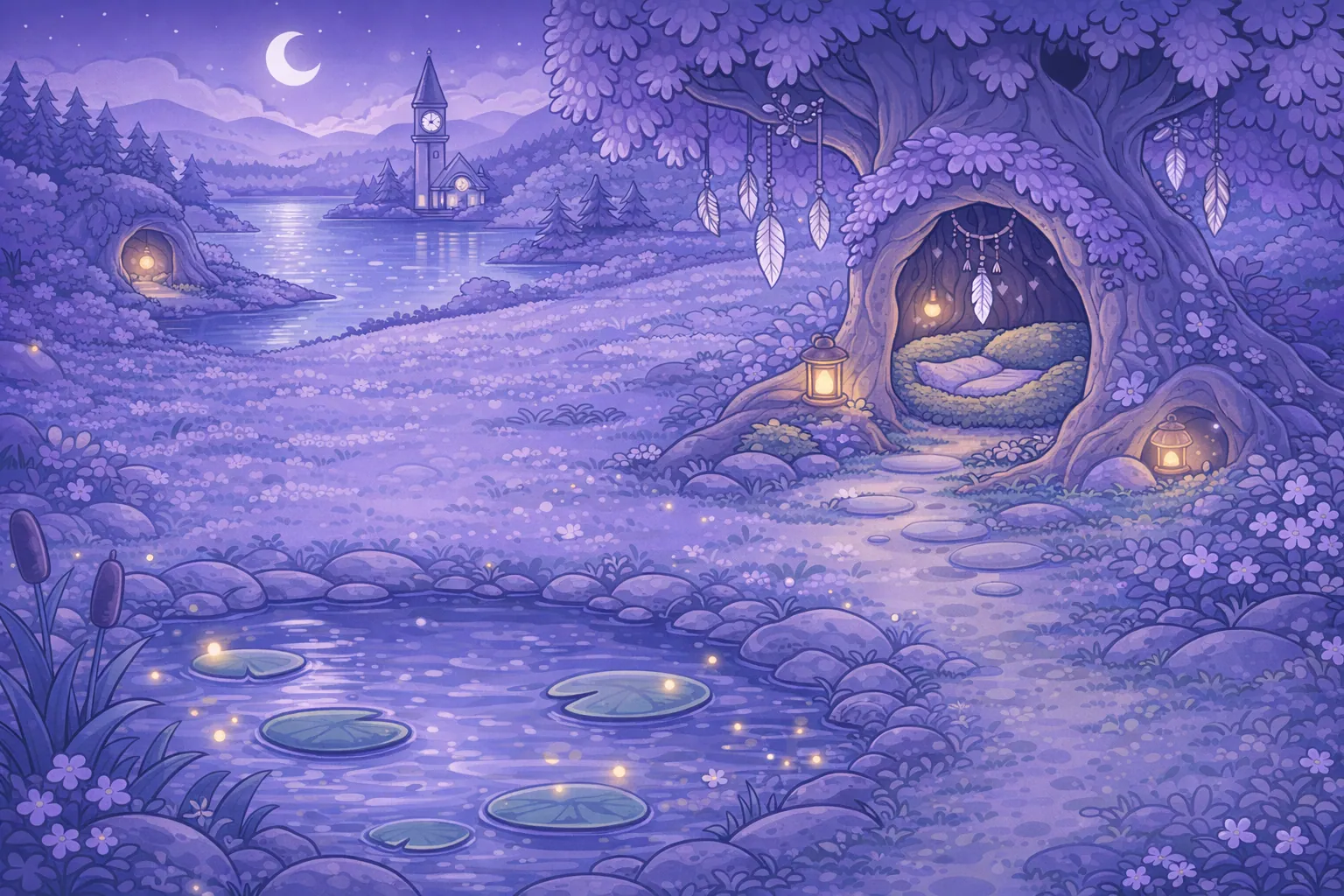 Moonlight Gardens, Rest Nook: an illustrated view of the world of this adventure
