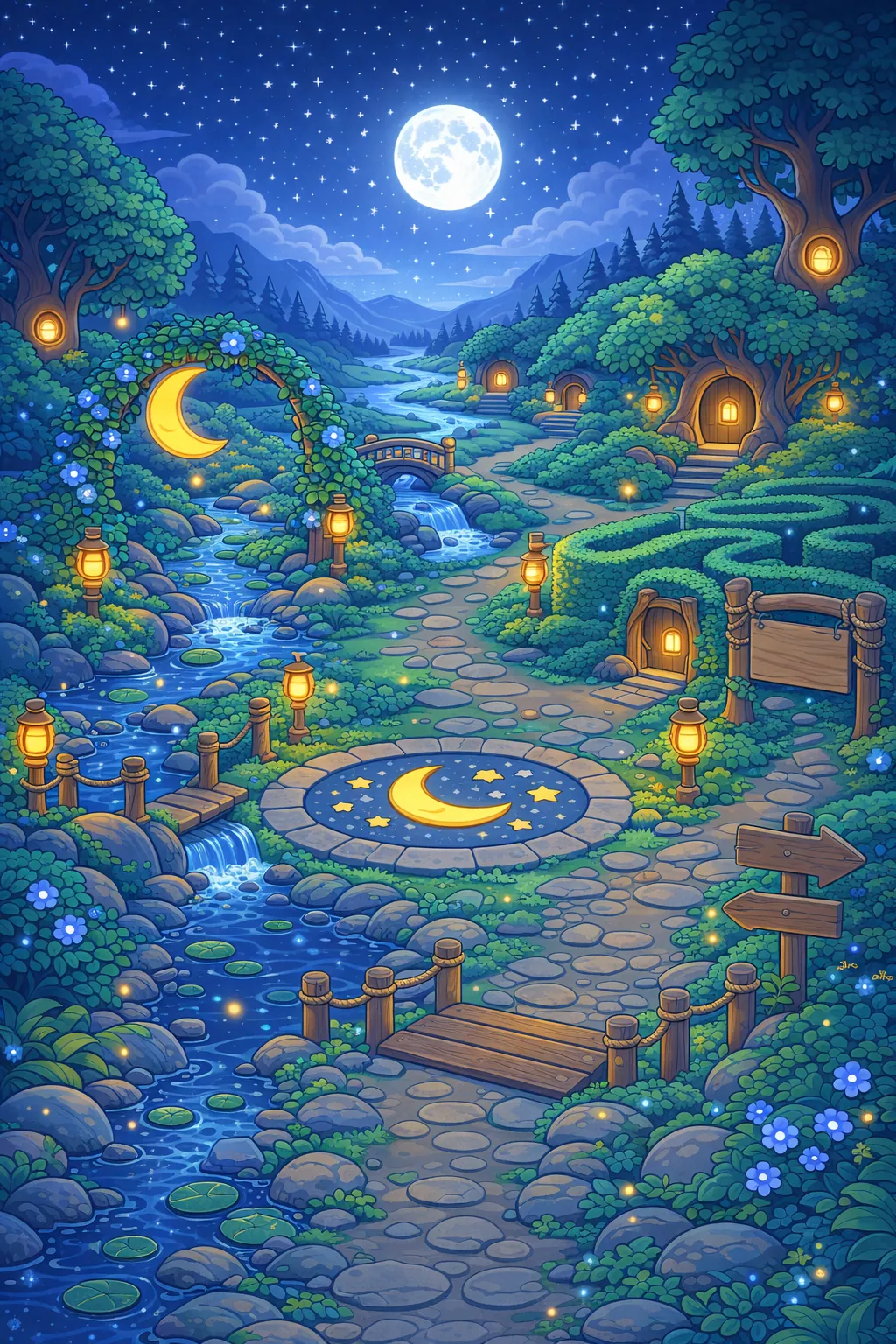 Moonlight Gardens map with five chapters: Feeling Pond, Rest Nook, Play Meadow, Routine Clocktower, Calm Lake