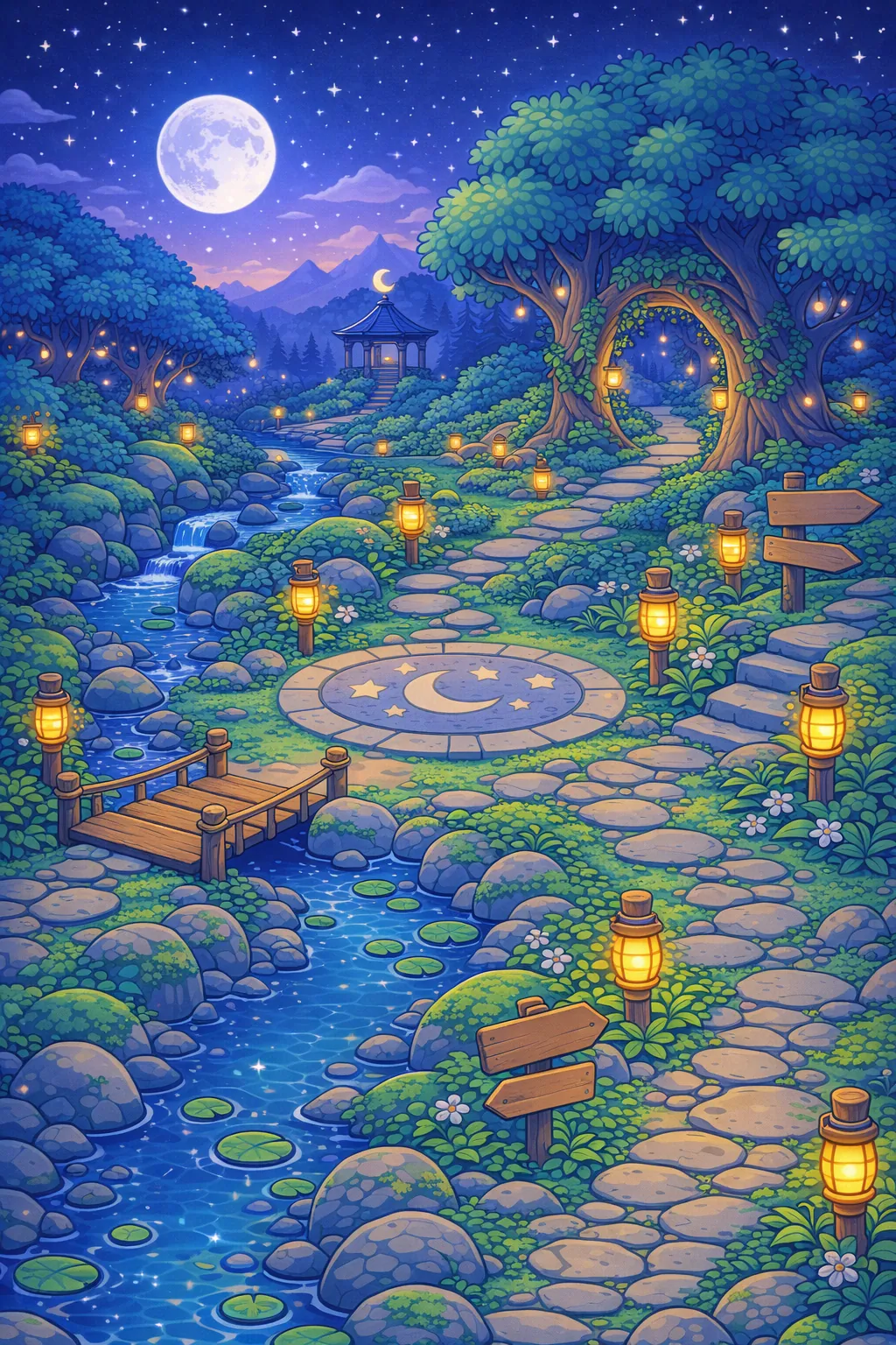 Moonlight Gardens map with five chapters: Feeling Pond, Rest Nook, Play Meadow, Routine Clocktower, Calm Lake