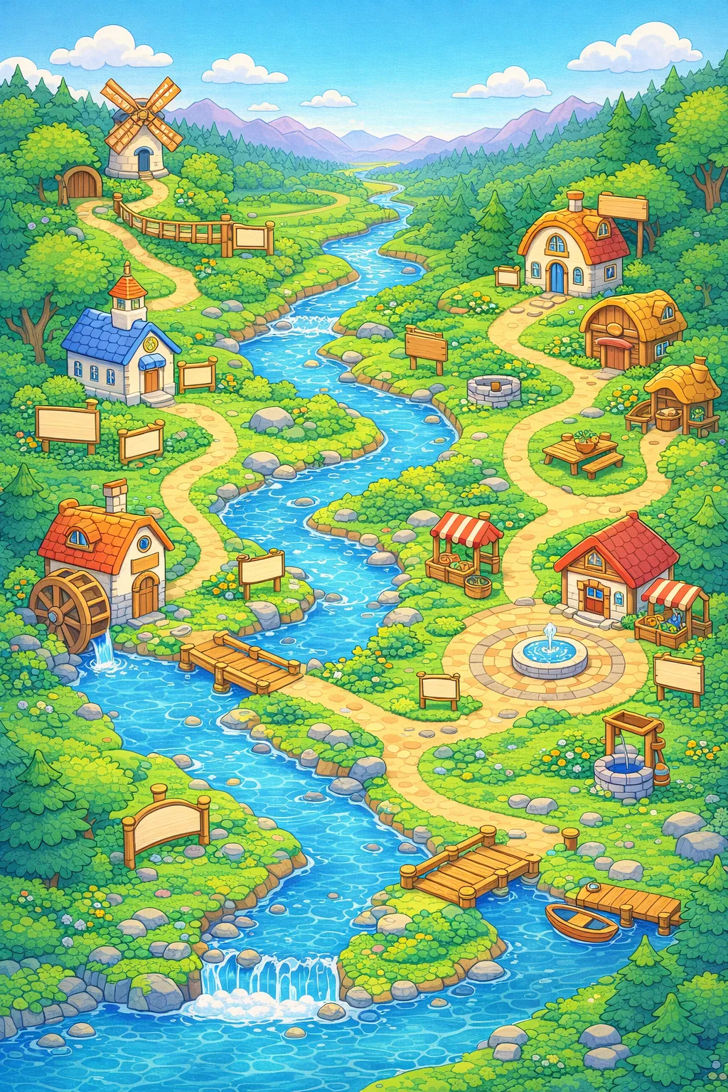 River Talk Town map with five chapters: Hello Harbour, Listening Lagoon, Story Stream, Question Falls, Big Voice Bridge