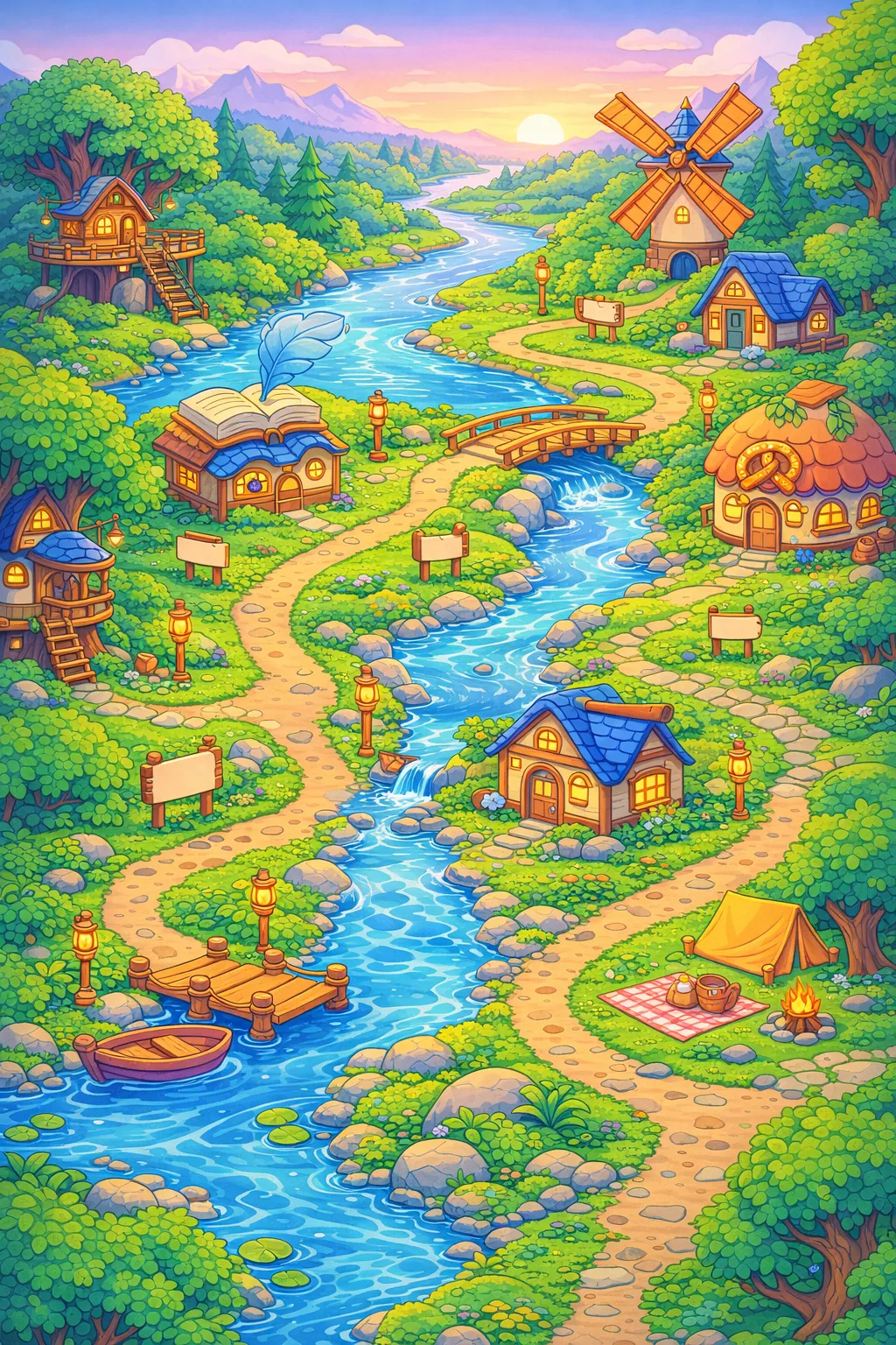 River Talk Town map with five chapters: Hello Harbour, Listening Lagoon, Story Stream, Question Falls, Big Voice Bridge