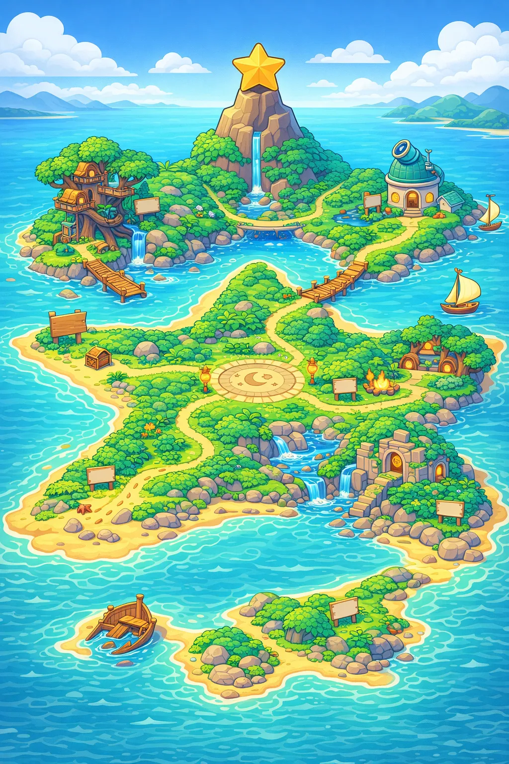 Star Island map with five chapters: Brave Beginnings, Voice Valley, Try-It Mountains, Kindness Cove, Shine Summit