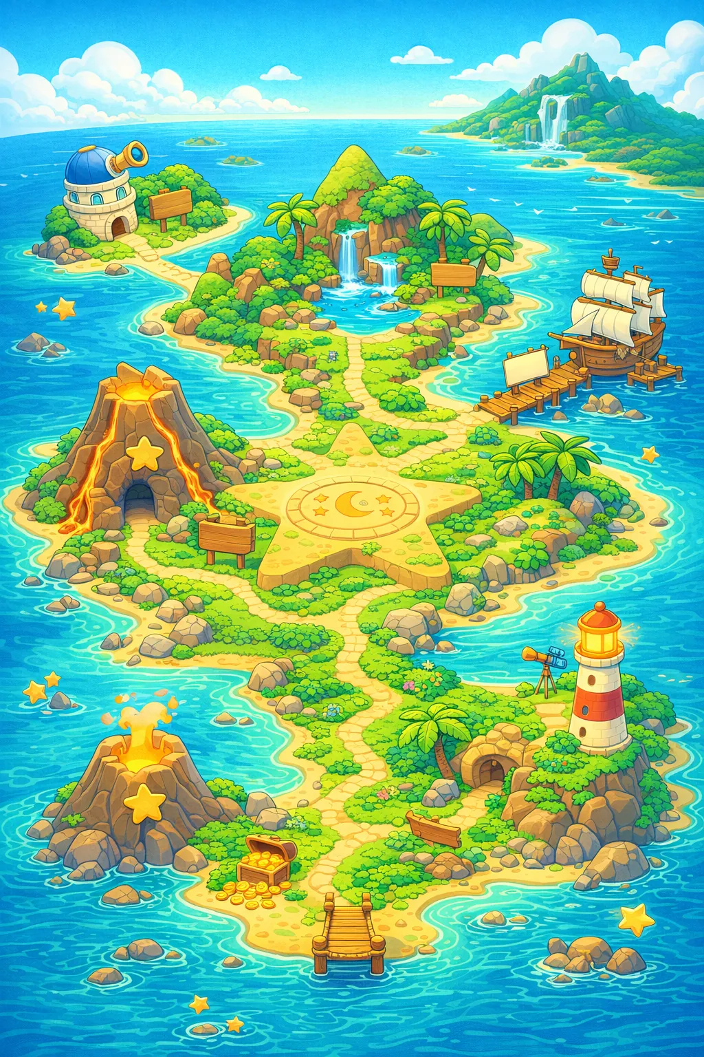 Star Island map with five chapters: Brave Beginnings, Voice Valley, Try-It Mountains, Kindness Cove, Shine Summit