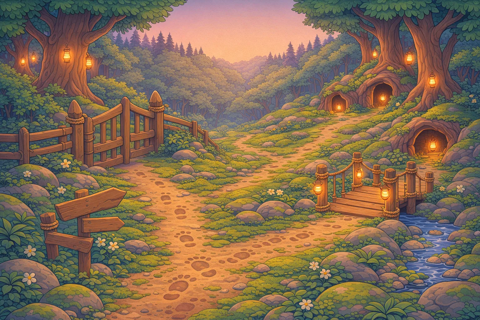Whispering Woods, First Steps Path: an illustrated view of the world of this adventure
