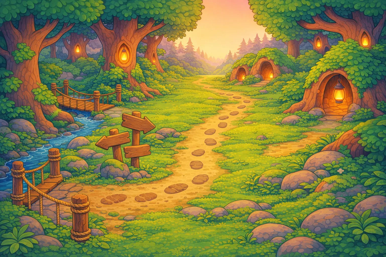 Whispering Woods, First Steps Path: an illustrated view of the world of this adventure