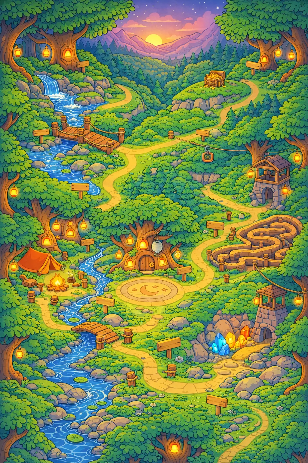 Whispering Woods map with five chapters: First Steps Path, Echo Caves, Rope Bridge Ridge, Lantern Hollow, Bold Peak