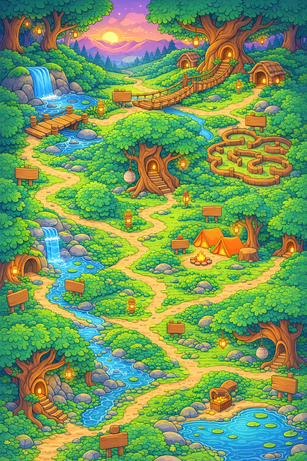 Whispering Woods map with five chapters: First Steps Path, Echo Caves, Rope Bridge Ridge, Lantern Hollow, Bold Peak