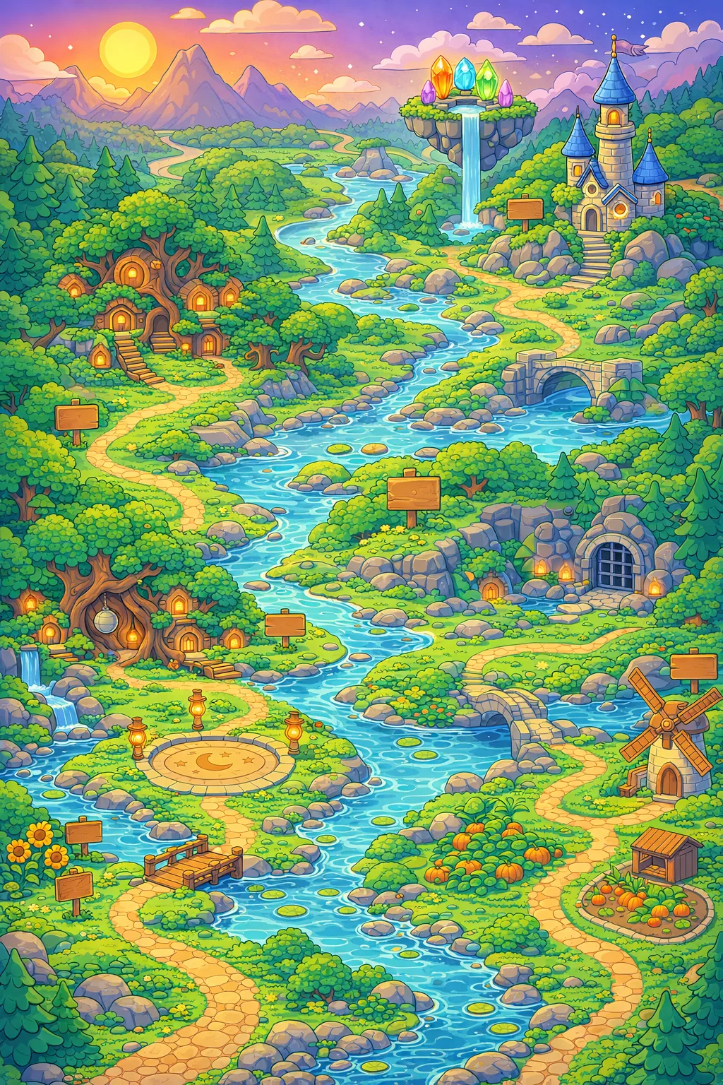 Wonderworks Valley map with five chapters: Why Woods, Maker’s Workshop, Colour Caverns, Invention Inn, Star Gallery