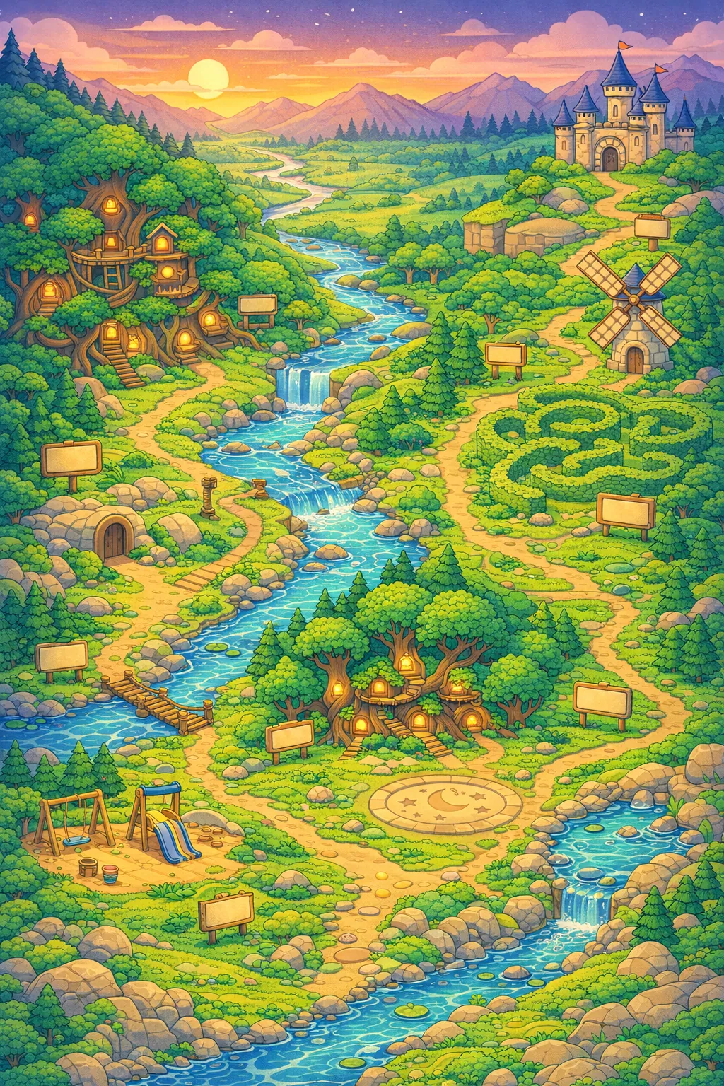 Wonderworks Valley map with five chapters: Why Woods, Maker’s Workshop, Colour Caverns, Invention Inn, Star Gallery