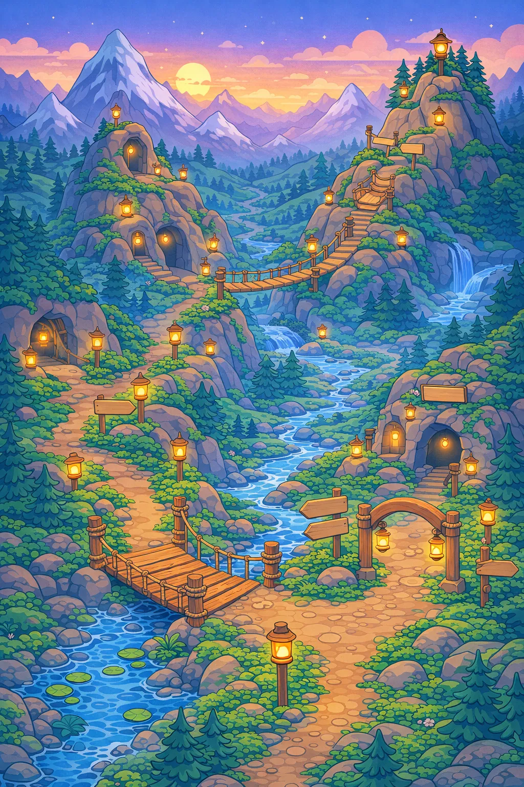 Lantern Peaks map with five chapters: Quiet Trail, Steady Steps, Puzzle Pass, Long Climb, Lantern Summit
