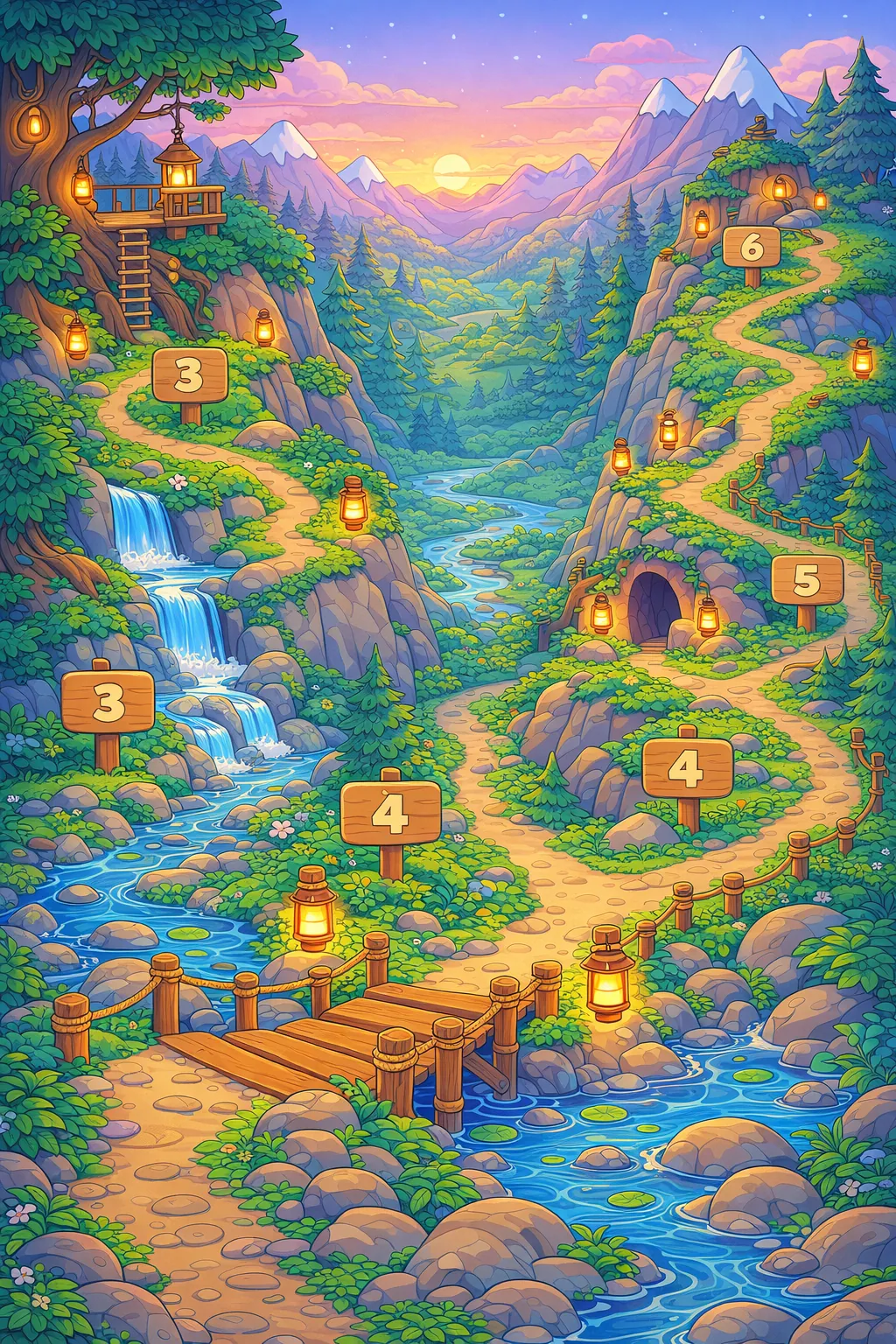Lantern Peaks map with five chapters: Quiet Trail, Steady Steps, Puzzle Pass, Long Climb, Lantern Summit