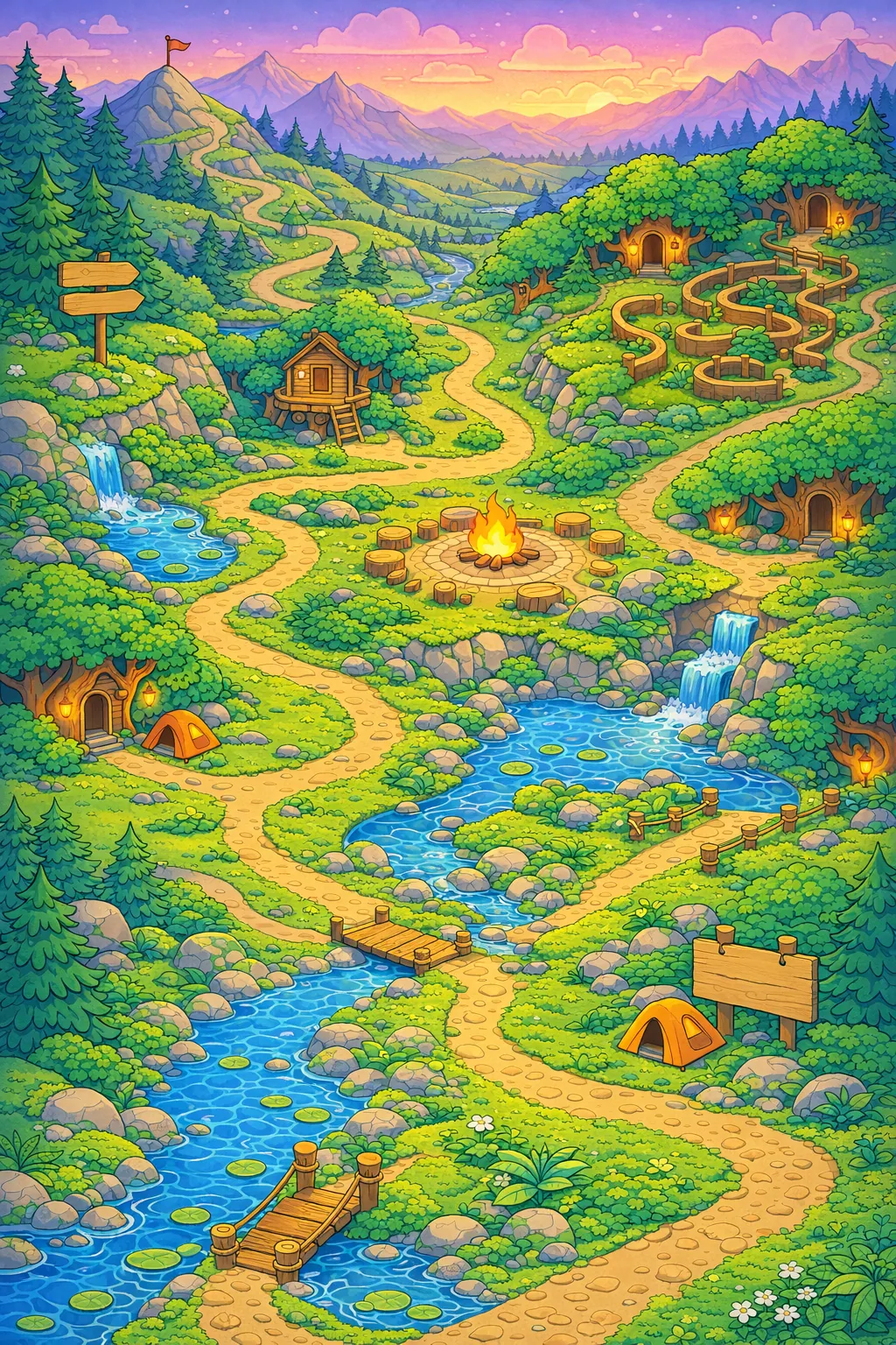 Campfire Hills map with five chapters: Hello Hill, Share Shack, Team Trail, Fix-It Fort, Campfire Circle