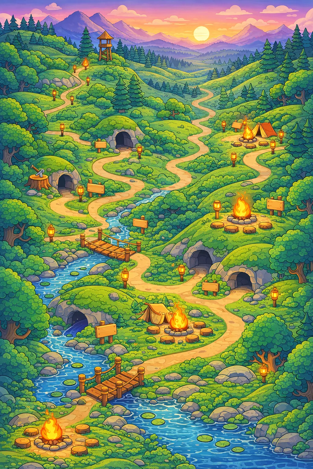 Campfire Hills map with five chapters: Hello Hill, Share Shack, Team Trail, Fix-It Fort, Campfire Circle
