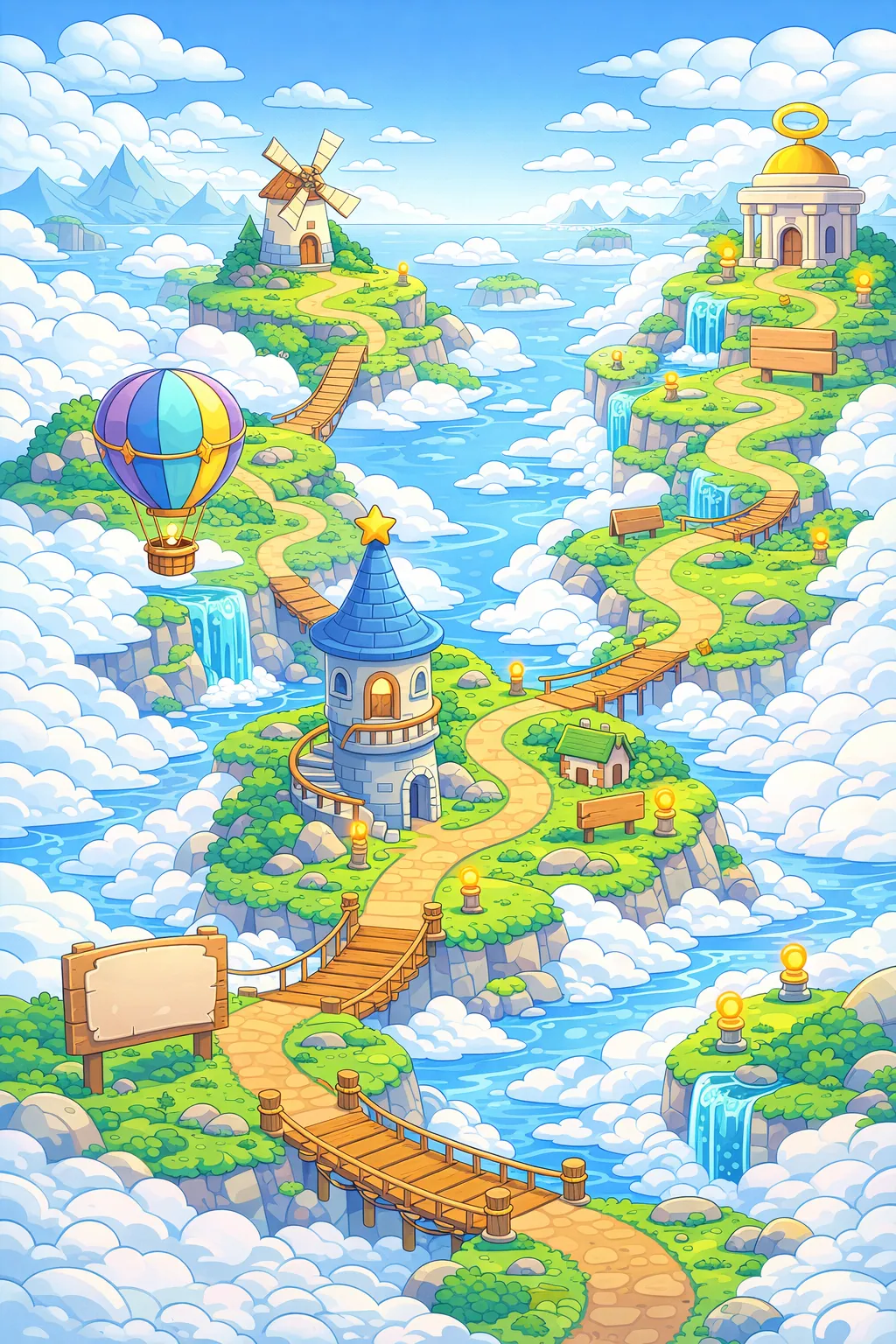 Cloudtop Isles map with five chapters: Nest Steps, My-Choice Market, Wind Path, Builder’s Bay, Open Skies