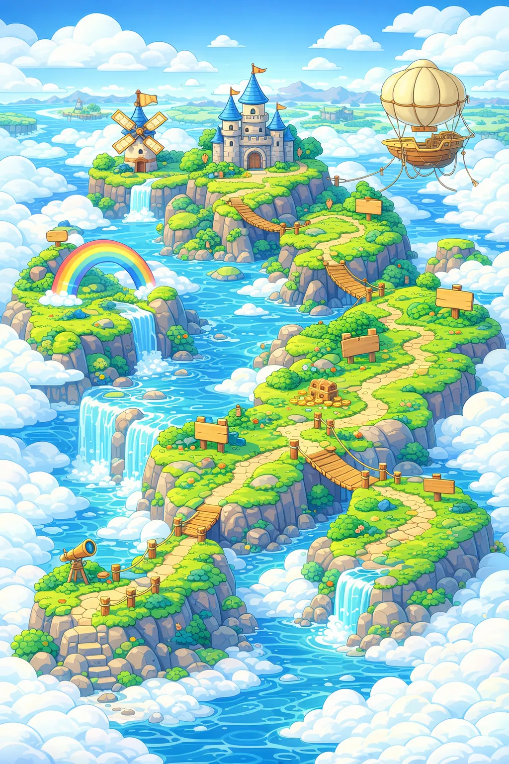 Cloudtop Isles map with five chapters: Nest Steps, My-Choice Market, Wind Path, Builder’s Bay, Open Skies