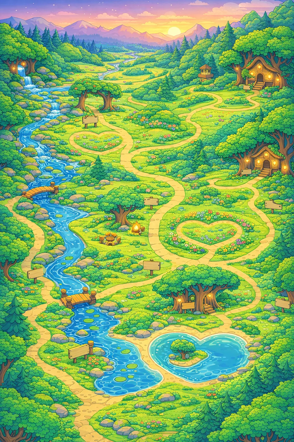 Heartwood Meadow map with five chapters: Feelings Garden, Listening Brook, Helping Hands Farm, Gift Glade, Warm Welcome Village