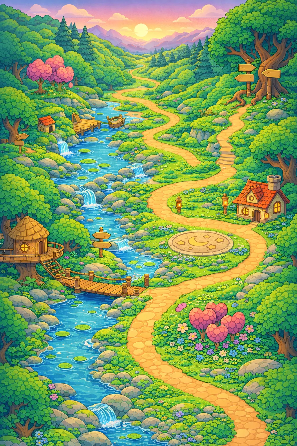 Heartwood Meadow map with five chapters: Feelings Garden, Listening Brook, Helping Hands Farm, Gift Glade, Warm Welcome Village