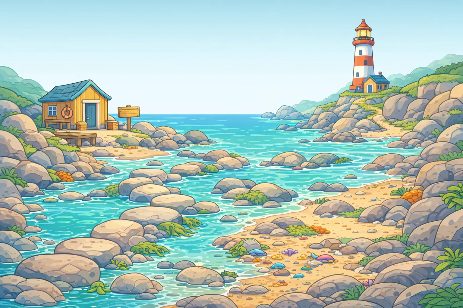 Tumbleweather Coast, Wobbly Rocks: an illustrated view of the world of this adventure