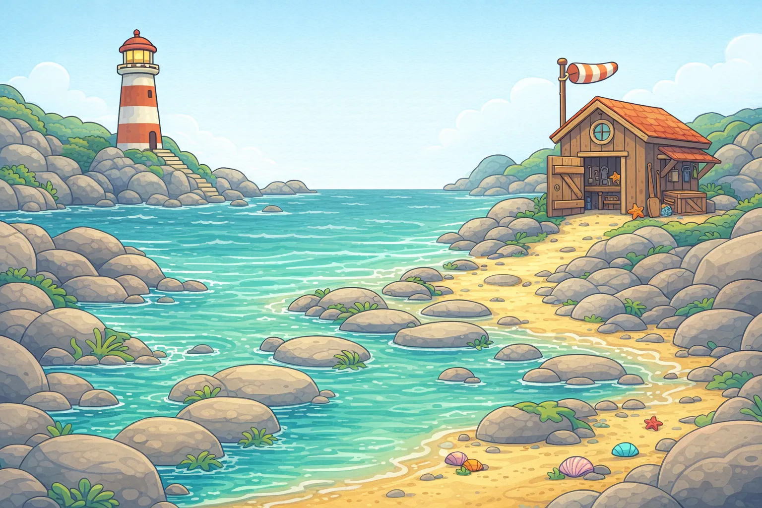Tumbleweather Coast, Wobbly Rocks: an illustrated view of the world of this adventure