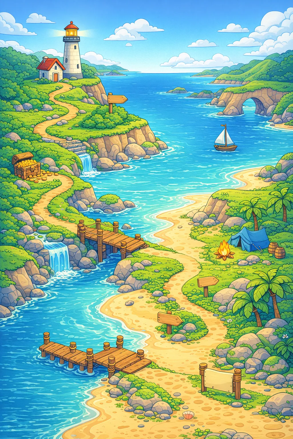 Tumbleweather Coast map with five chapters: Wobbly Rocks, Try-Again Tide, Storm Shelter, Fix-It Workshop, Rainbow Lighthouse