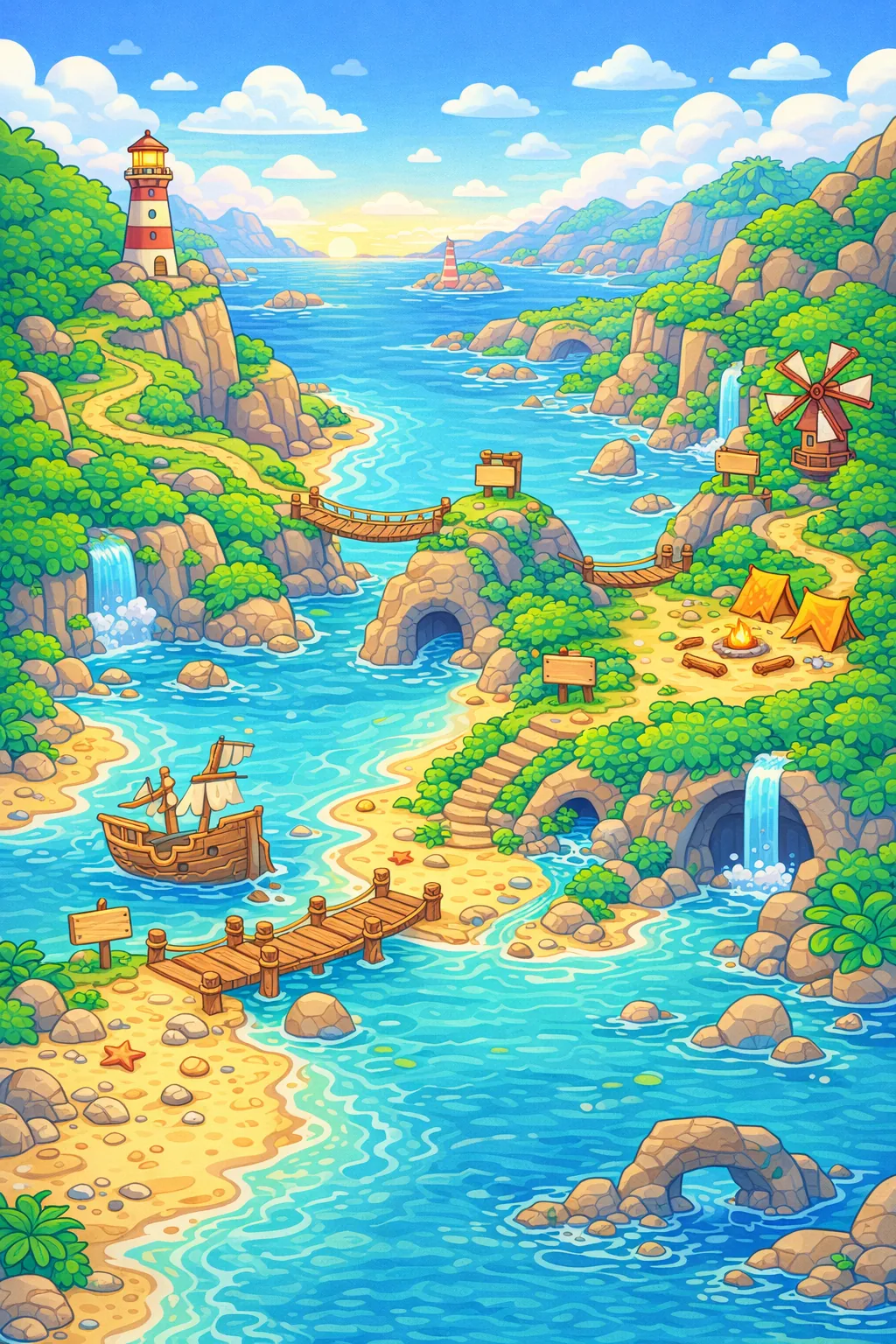 Tumbleweather Coast map with five chapters: Wobbly Rocks, Try-Again Tide, Storm Shelter, Fix-It Workshop, Rainbow Lighthouse
