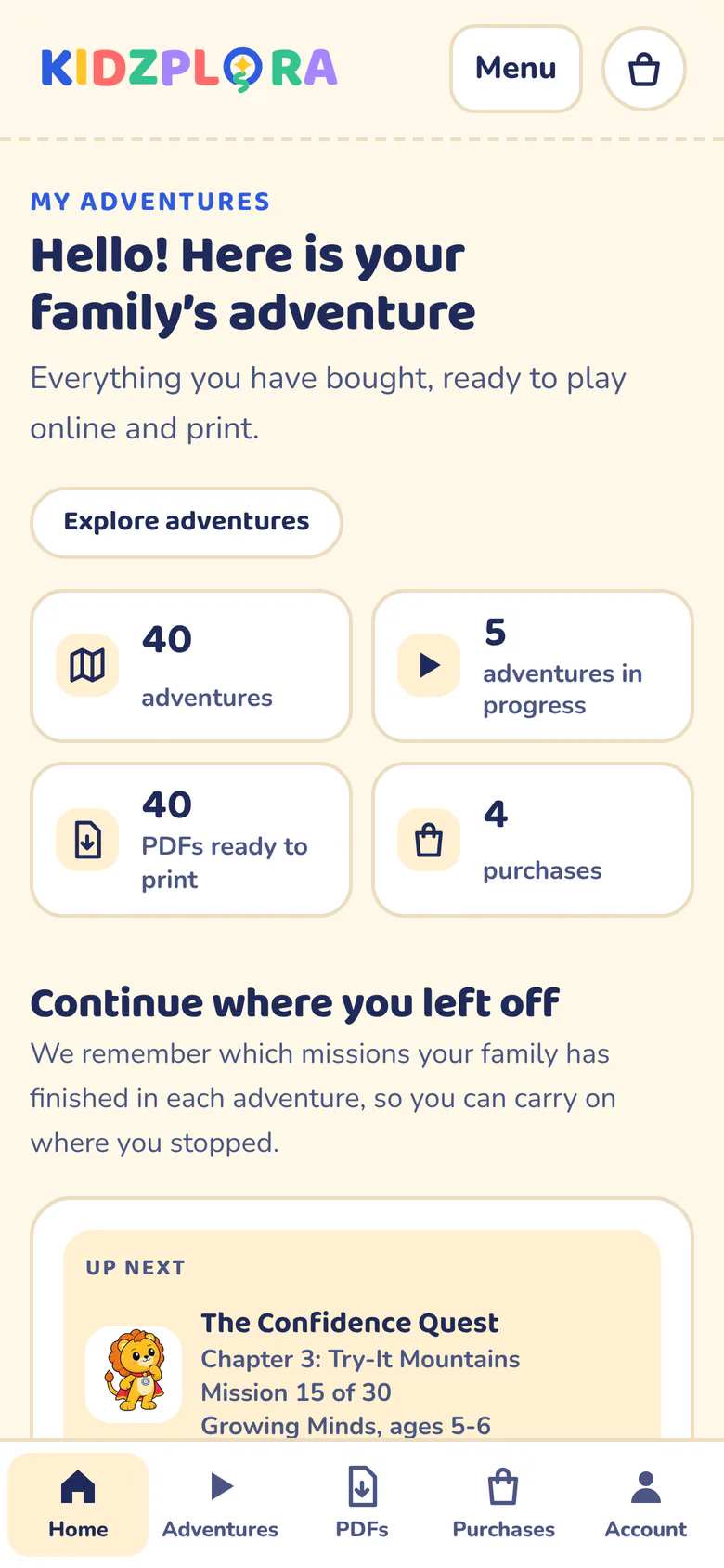 The same parent dashboard on a phone: the welcome, the family totals and the first adventure to continue, with Home, Adventures, PDFs, Purchases and Account tabs along the bottom.